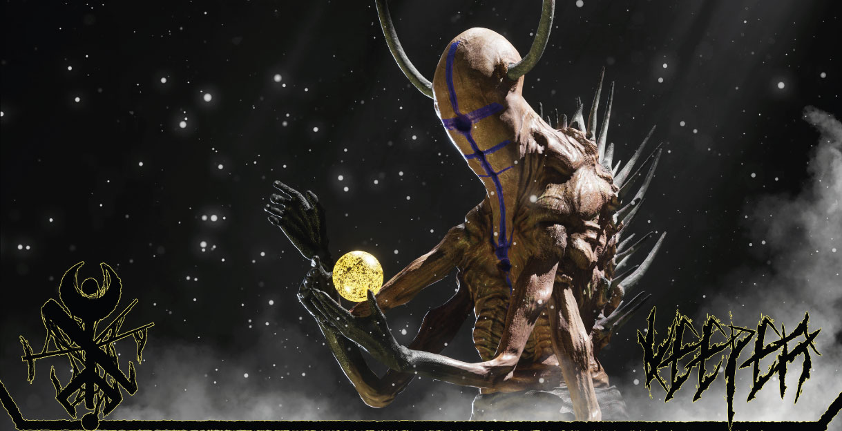 Artystyczny render 3D postaci o nazwie Keeper trzymającej świecącą kulę w mrocznej estetyce fantasy z widocznymi detalami rzeźbiarskimi