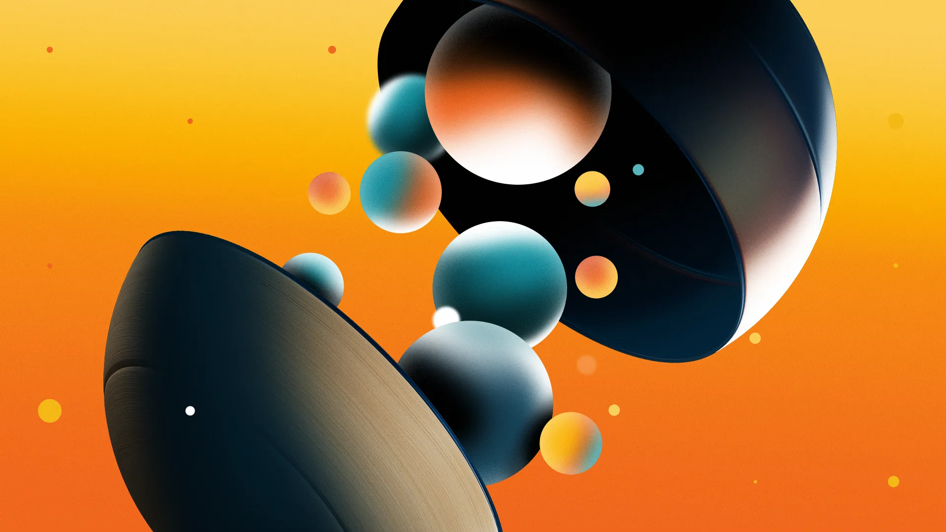 Abstract image with black shapes and teal spheres against a vibrant orange background, suggesting movement and energy.
