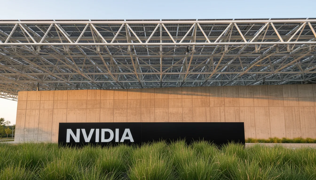 DSLR photograph of the NVIDIA headquarters, captured from a low-angle wide perspective. The dominant feature is the massive, white, geometric triangular steel truss roof canopy integrated with solar panels, seen against a pale sky. The scene is bathed in the warm, soft light of the golden hour. In the foreground, a prominent matte black monolithic sign stands in front of a textured board-formed concrete wall and a bed of green ornamental grasses. The architectural style is futuristic and clean, with all elements in sharp focus.