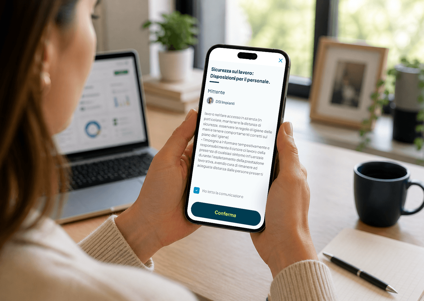 Primo piano di uno smartphone che mostra l'interfaccia di Fluida per l'invio di comunicazioni sulla sicurezza sul lavoro. L'utente sta per cliccare sul tasto di conferma dopo aver letto le disposizioni per il personale, garantendo all'azienda la piena tracciabilità e validità legale della ricezione dei documenti.
