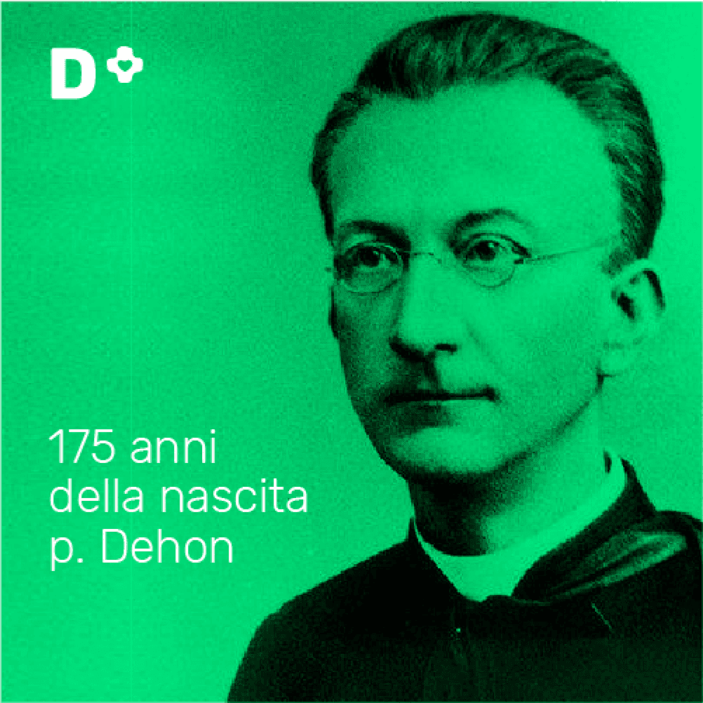 Zielono tonowany portret mężczyzny w okularach z włoskim napisem „175 anni della nascita p. Dehon”.