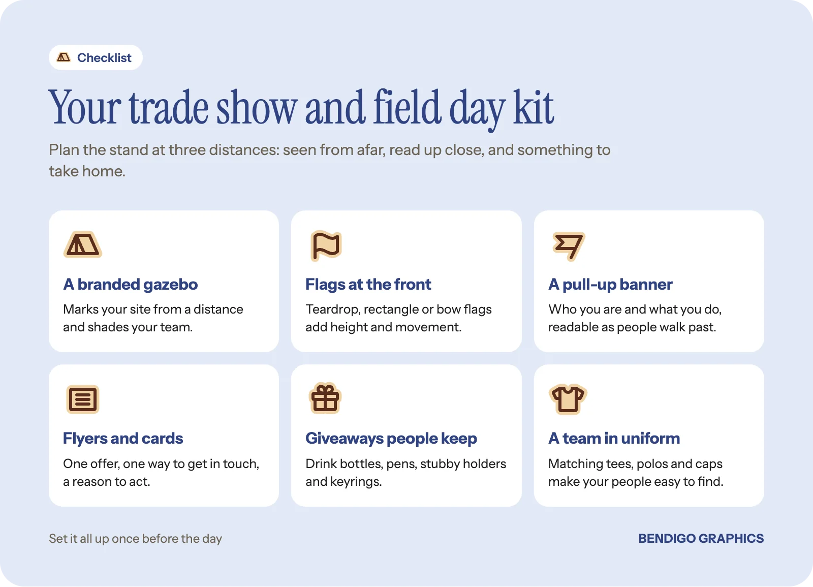 Checklist of six items for a trade show or field day stand: gazebo, flags, pull-up banner, flyers and cards, giveaways, and matching team apparel.