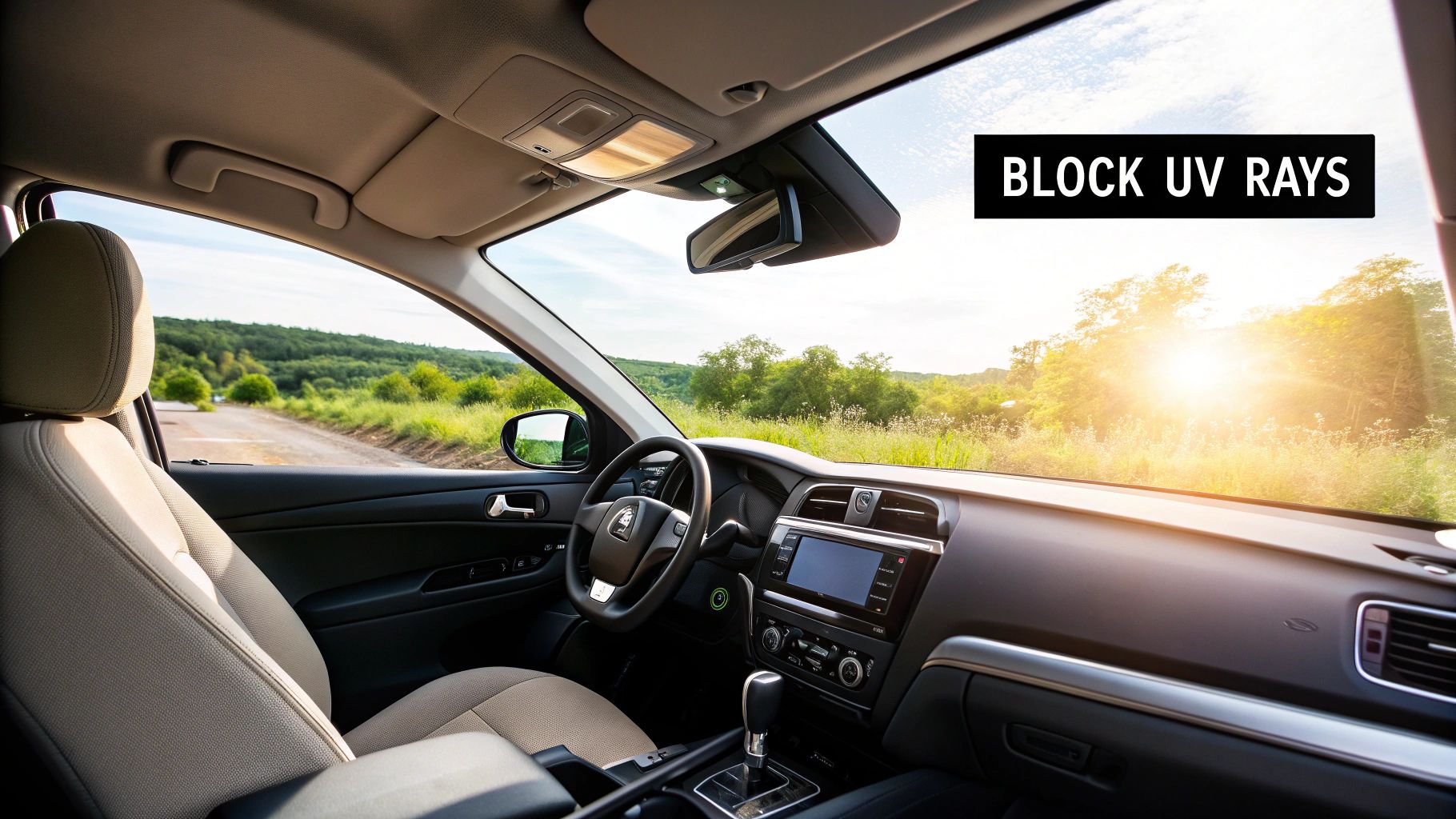 Car interior with a view of a sunny outdoor landscape, emphasizing the blocking of UV rays.