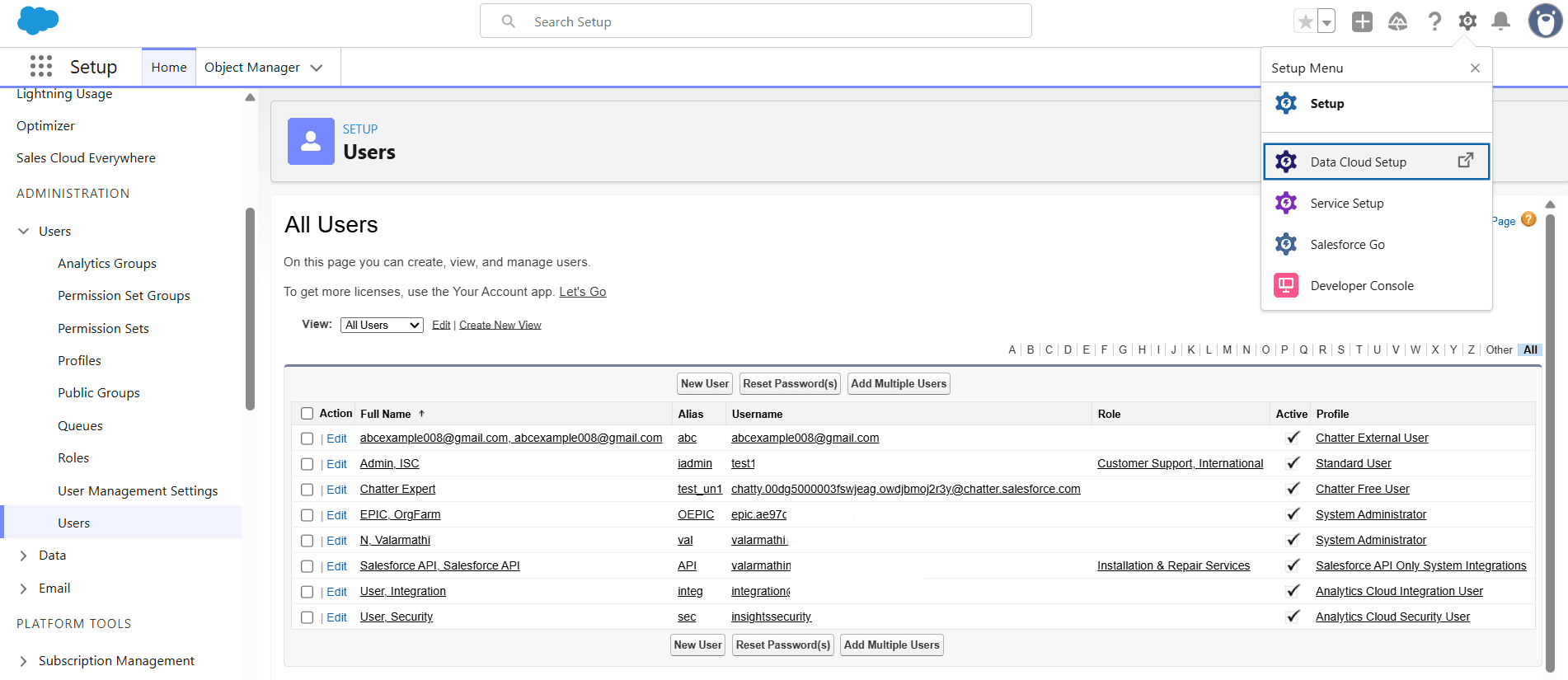 Salesforce Setup interface displaying the All Users management list and the top-right Setup Menu dropdown options.