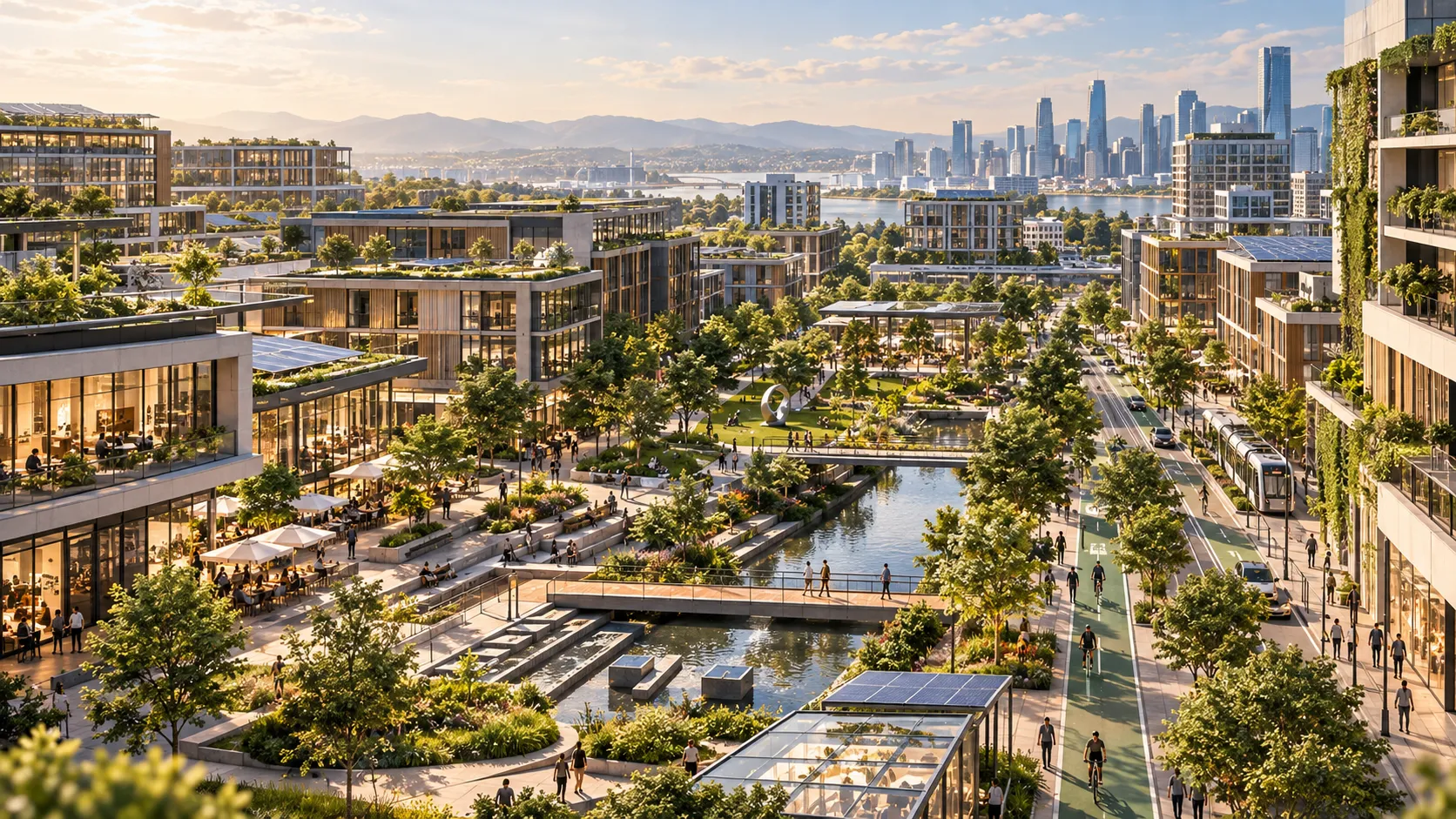 Sustainable mixed-use city with green rooftops, canals, bike lanes and light rail