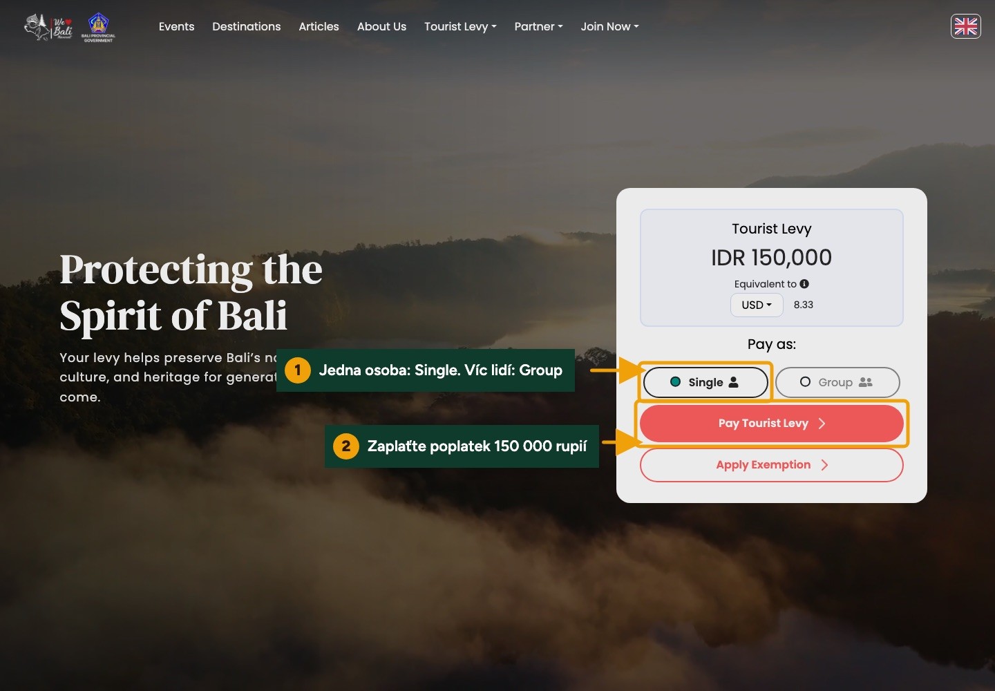 Stránka Love Bali s poplatkem 150 000 rupií, volbou Single nebo Group a tlačítkem Pay Tourist Levy