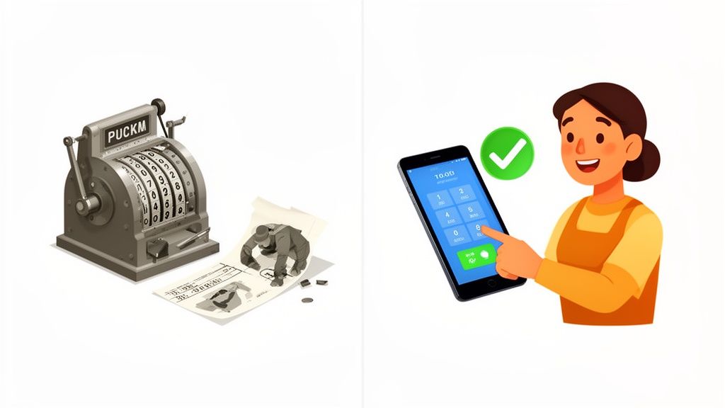 Comparison of an old mechanical time clock with a modern digital time clock on a smartphone.