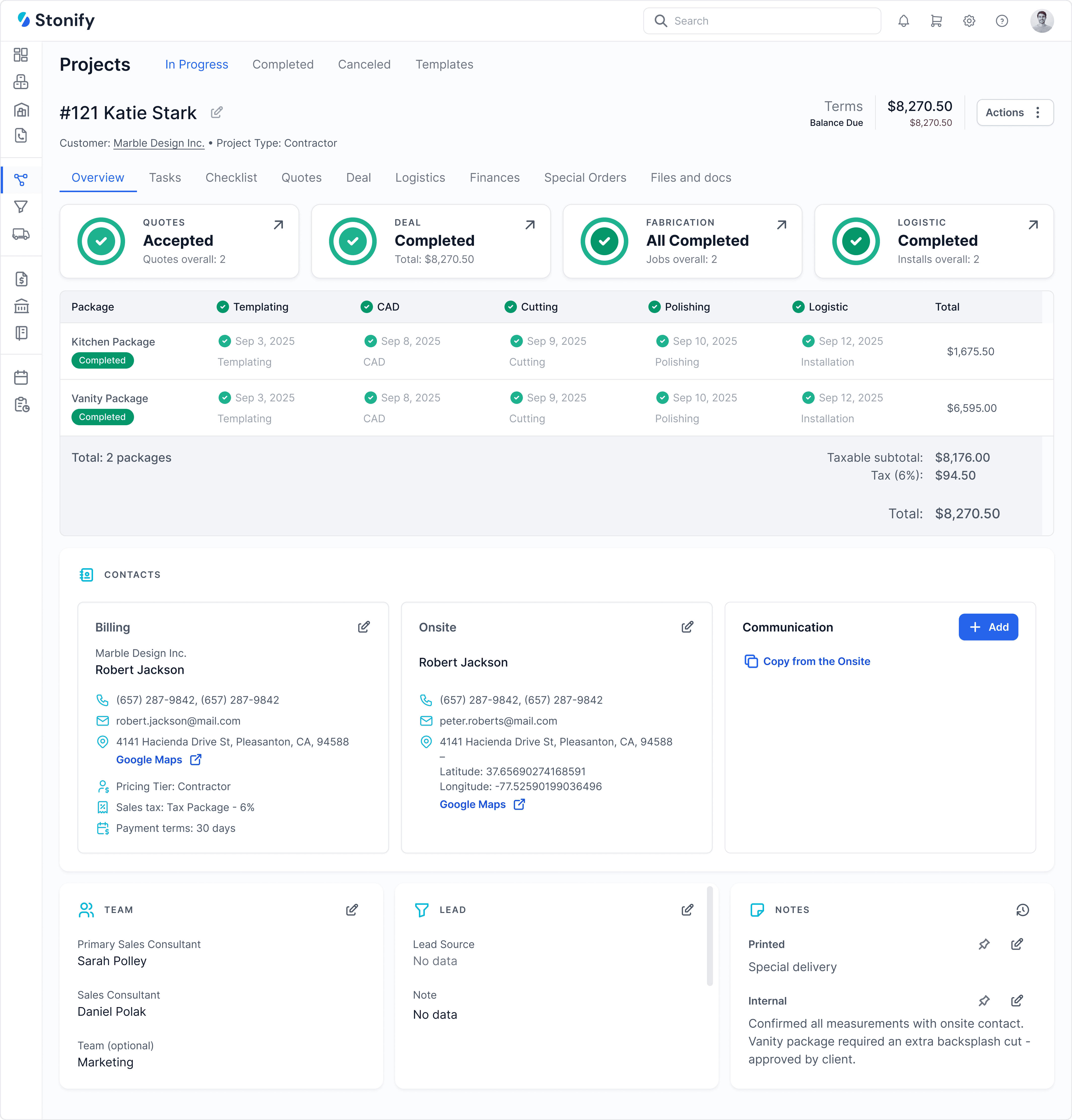 Stonify ERP dashboard showing a stone fabrication project with quotes, fabrication progress, logistics tracking, and job totals.