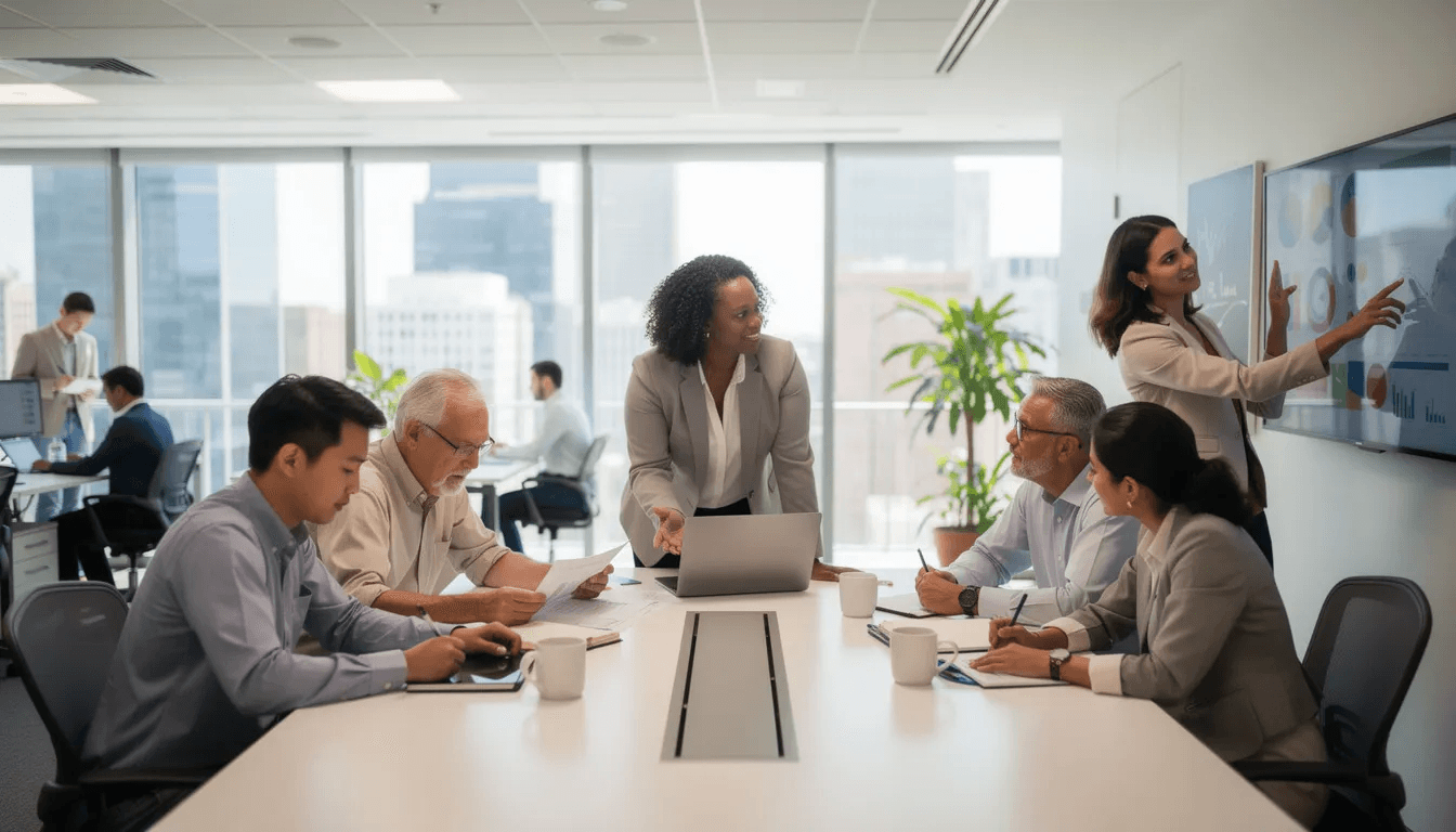 The image shows a diverse group of professionals of various ages collaborating in an office environment, highlighting teamwork and the sharing of financial expertise. This scene reflects the importance of building wealth and achieving financial goals through effective communication and collaboration in the workplace.