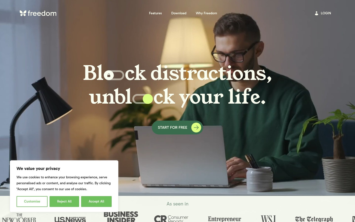 Freedom homepage hero section showing distraction blocker app