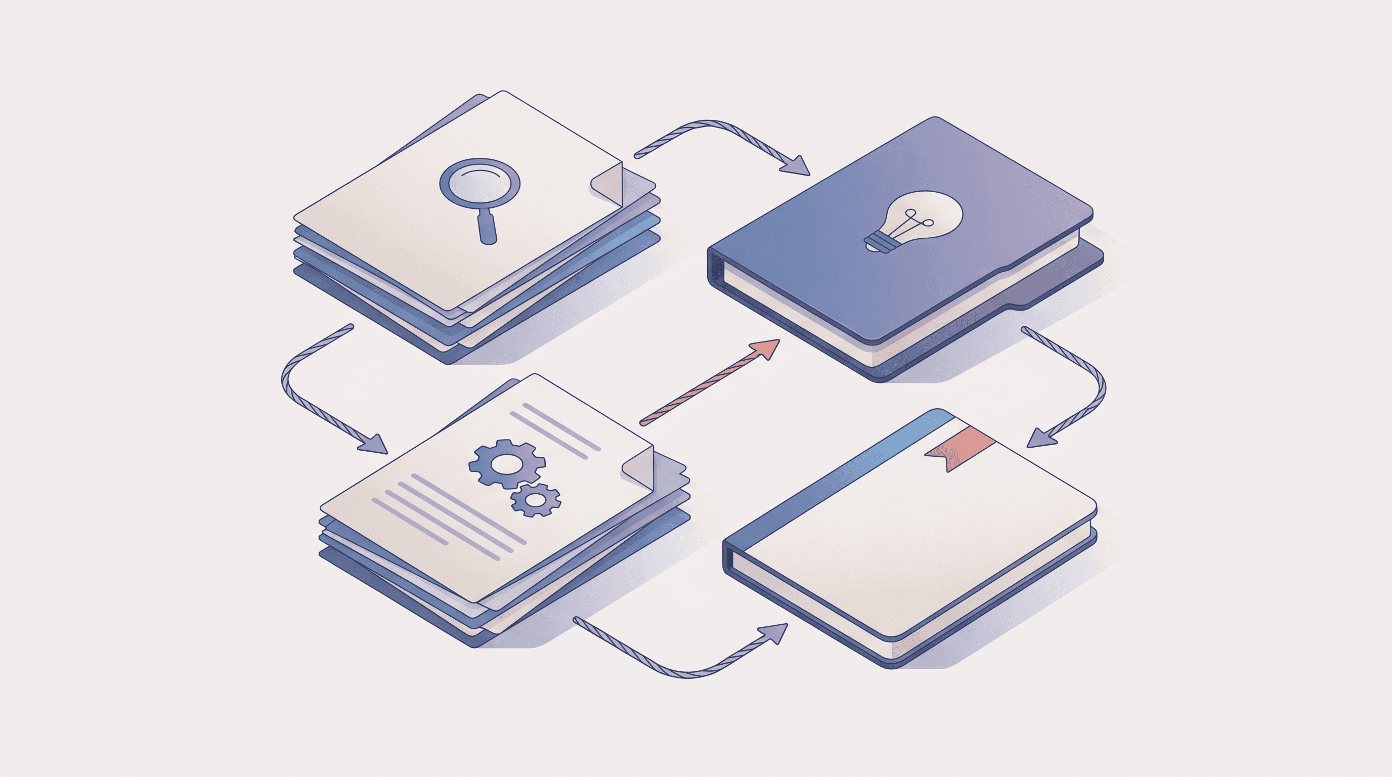 Four piles of research materials