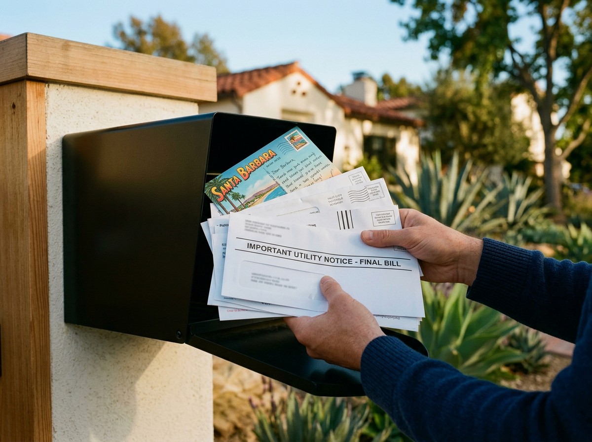 Homeowner reviewing energy mailers and postcards at their mailbox in a California neighborhood