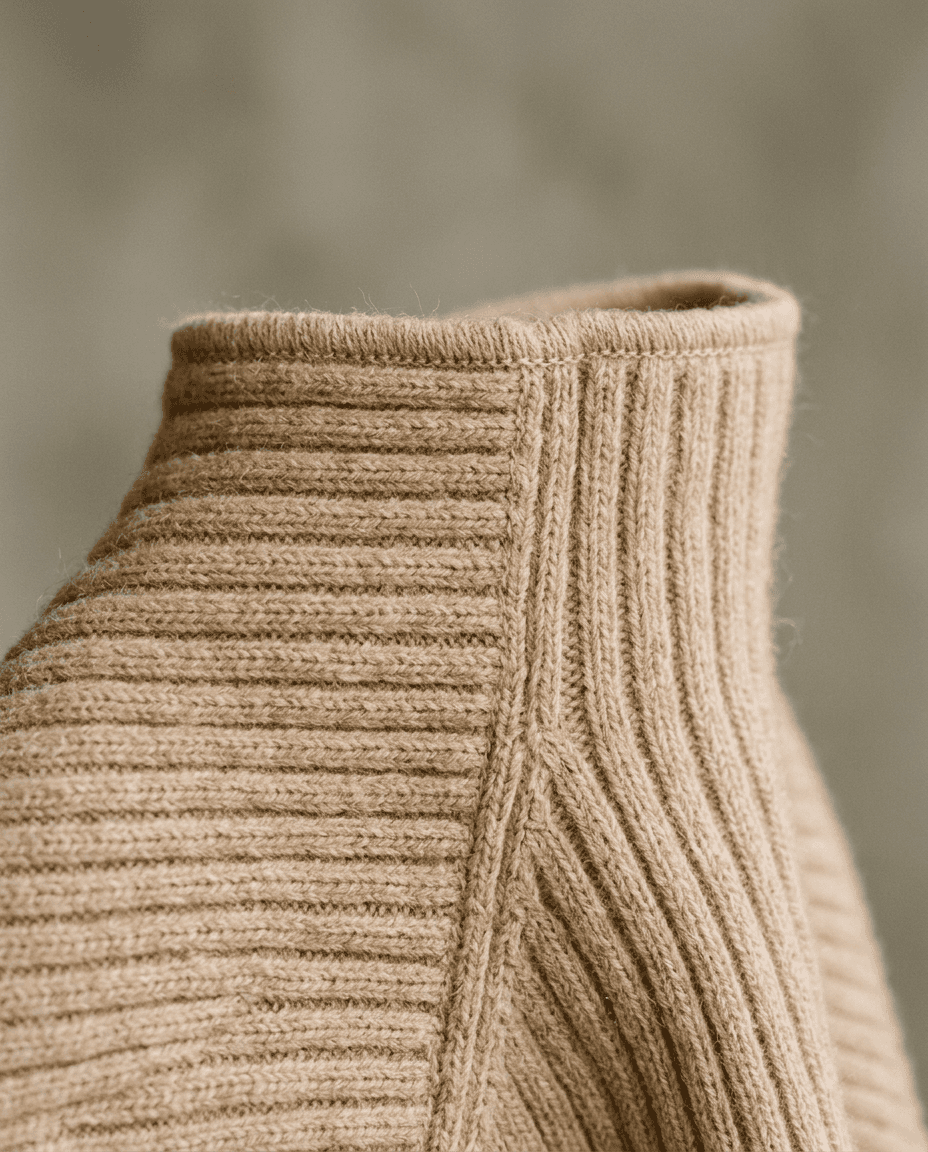 Ivory Cashmere Turtleneck — Camel — detail