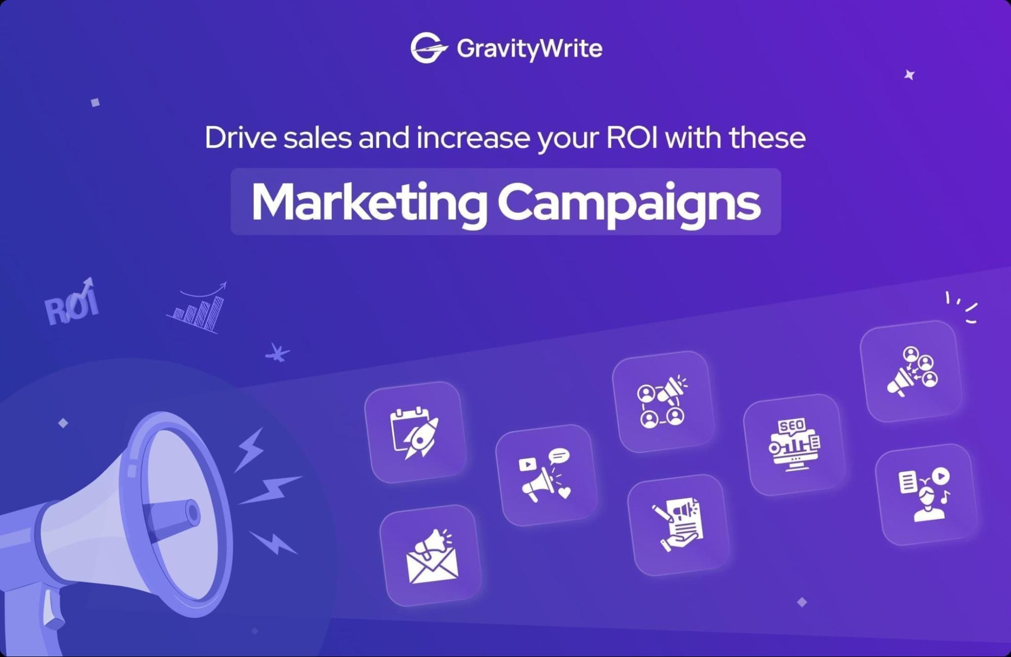 image of GravityWrite marketing campaigns banner with icons for email, SEO, and social media ads, emphasizing ROI and creative strategy.