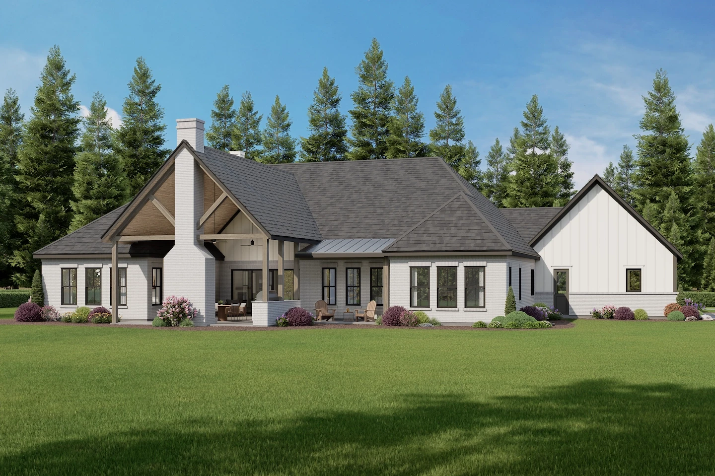 Rear view showcasing a large covered patio with outdoor grill, chimney, and expansive windows connecting the interior to the backyard.