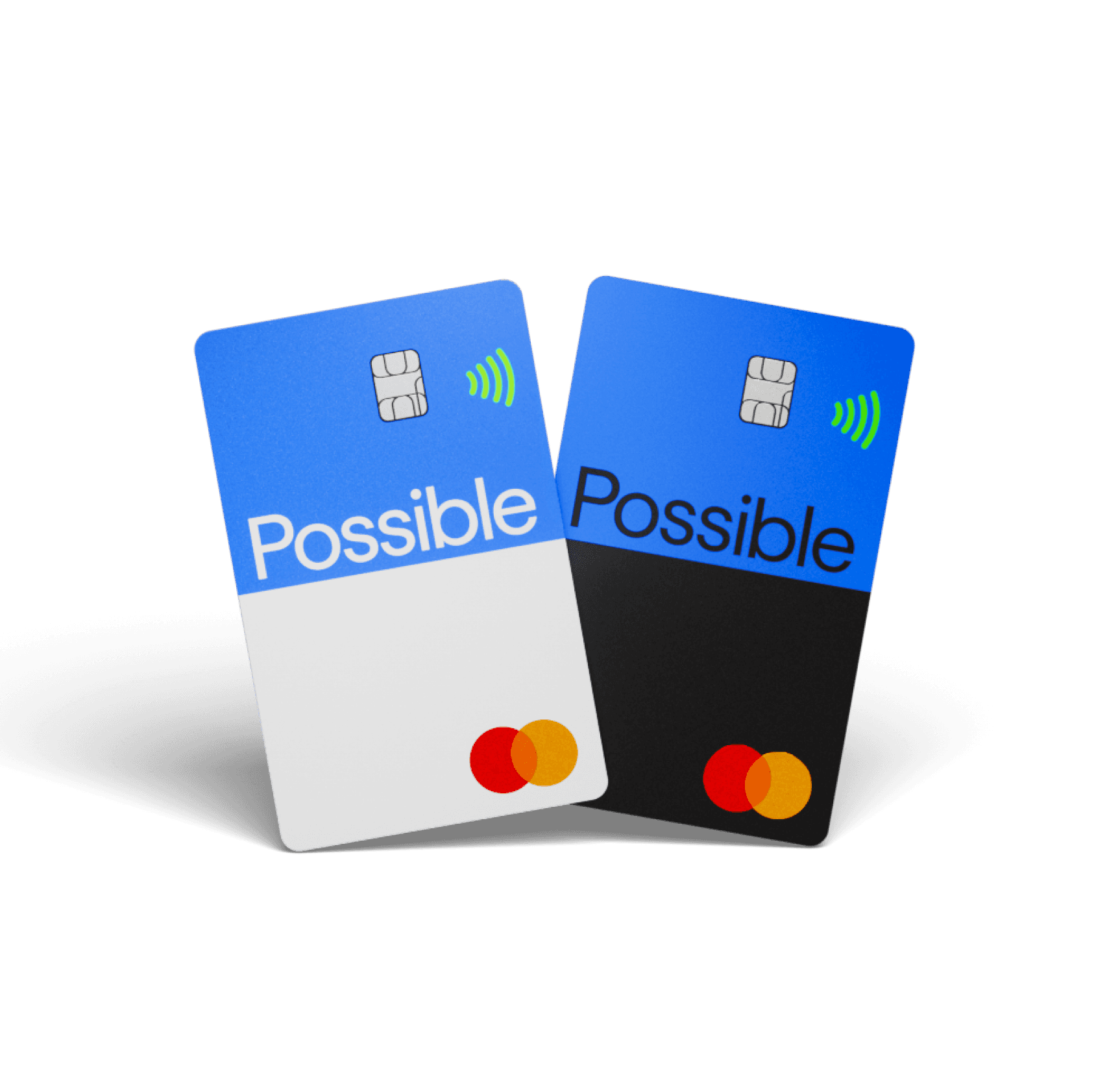 Two modern credit cards with a blue and black design, featuring the word "Possible" and the Mastercard logo, are displayed standing upright on a smooth surface.