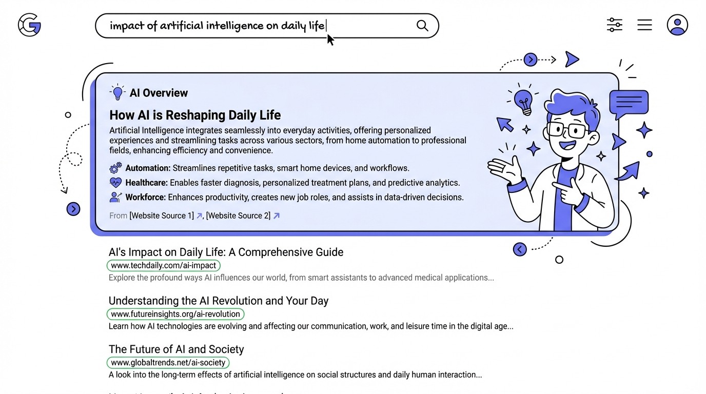 A digital illustration of a Google Search Results Page for 'impact of artificial intelligence on daily life', prominently featuring a large 'AI Overview' box with a summary and bullet points about AI's influence on daily life. Below it are standard organic search results.