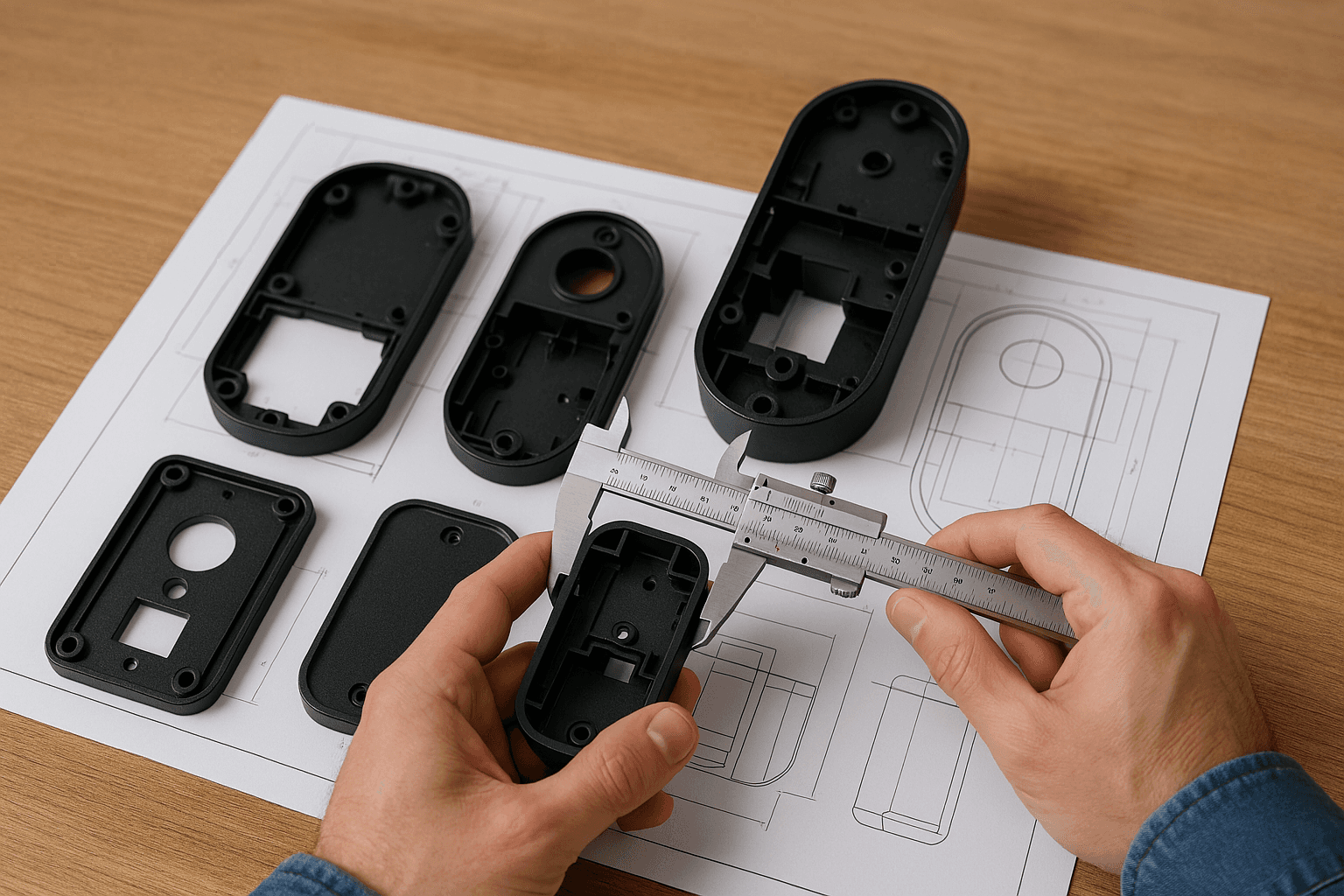 An image of a person measure injection molded plastic parts with calipers on top of a 2D drawing of the parts.
