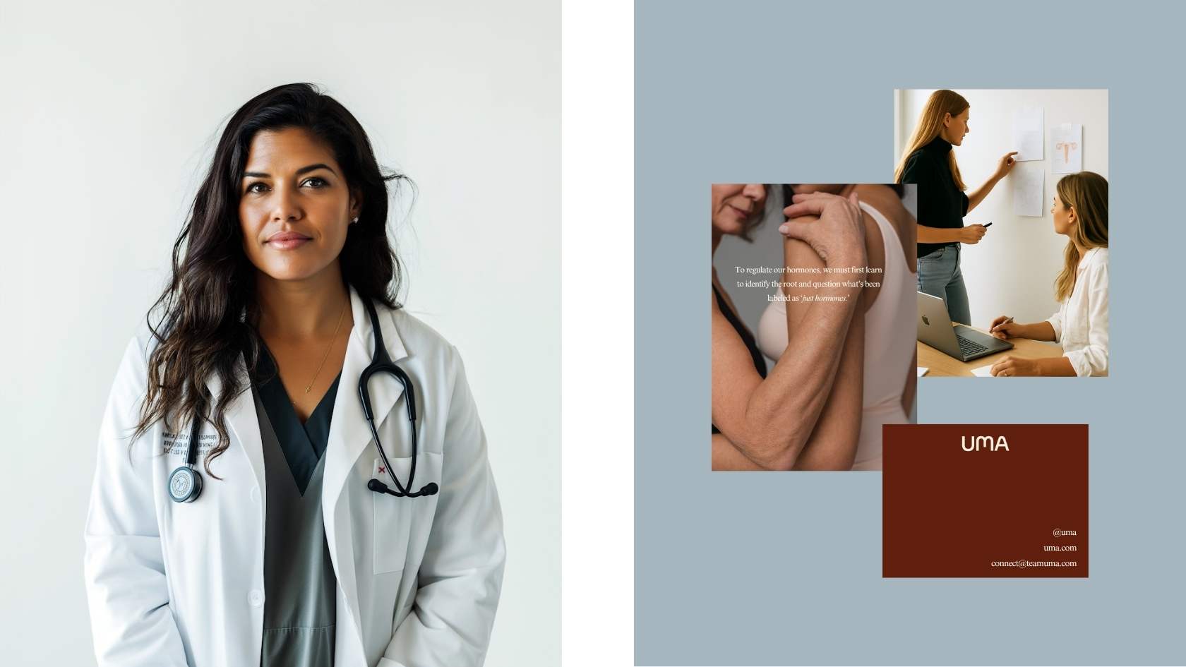 UMA women’s health brand collage combining a portrait of a female doctor with lifestyle and wellness imagery, highlighting medical guidance, holistic care, and supportive community storytelling.