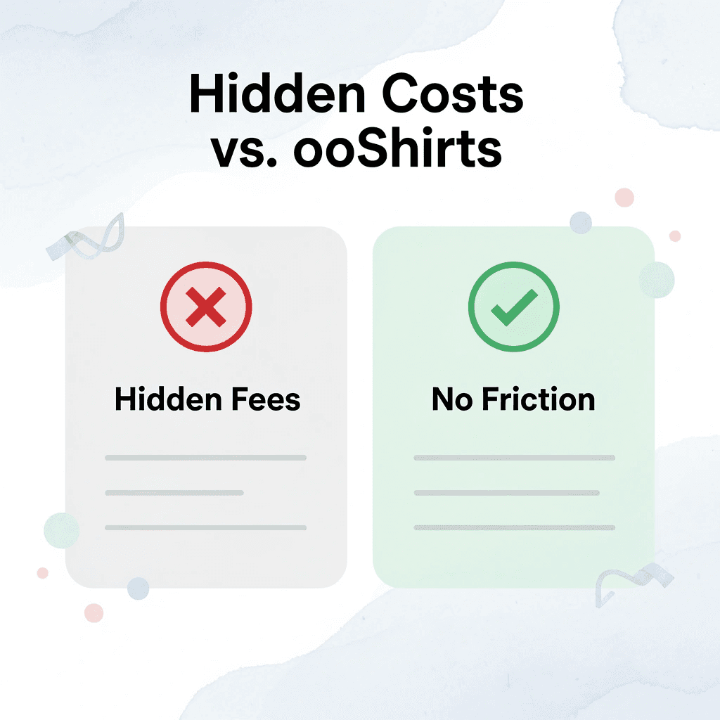 Before and after infographic showing hidden swag costs versus the ooShirts streamlined approach