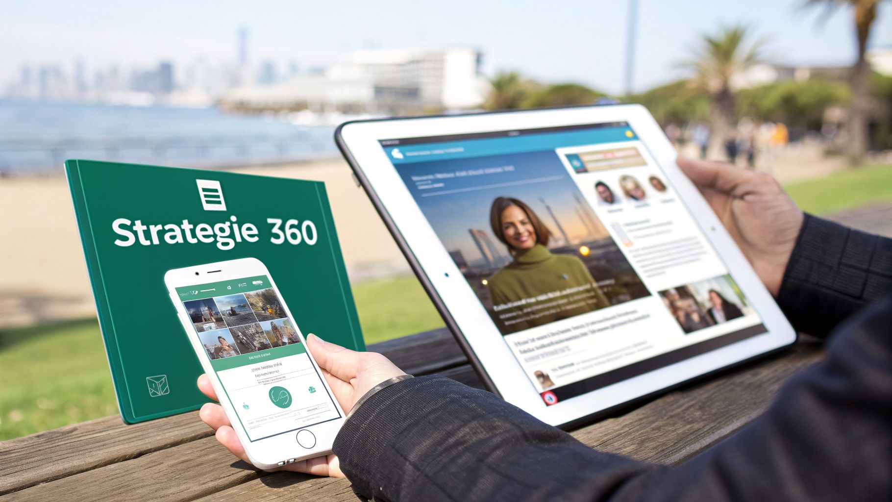 Une personne tient un smartphone et une tablette affichant du contenu numérique, avec un panneau