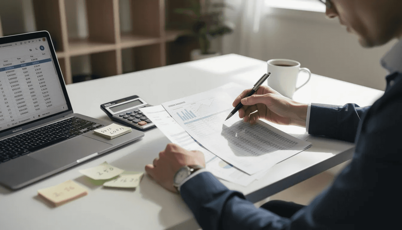 A person is seated at a desk, reviewing various financial documents while using a calculator, indicating a focus on understanding their taxable income and tax deductions. The scene suggests an engagement with tax-related matters, possibly involving consultation with a tax advisor to optimize their tax savings plan.