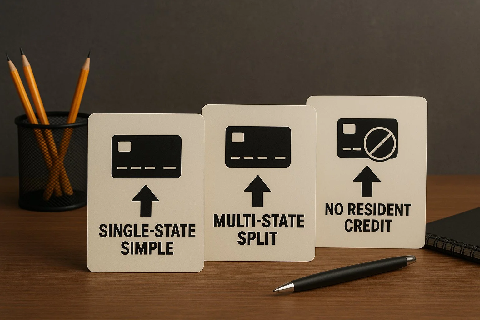Three scenario cards on a desk showing single state, multi state split, and no resident credit situations using credit icons and income arrows instead of text.