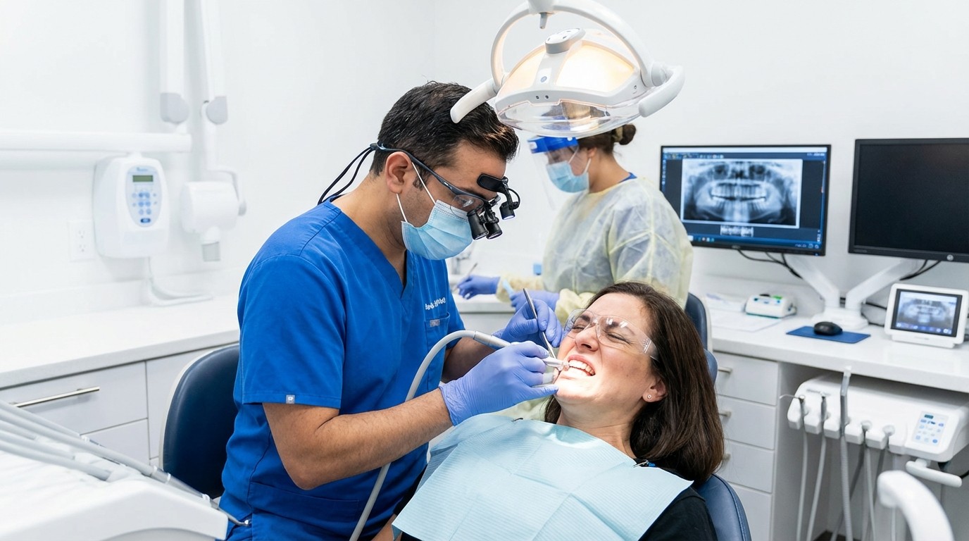 Emergency dental treatment showing dentist providing immediate care and pain relief for urgent dental condition
