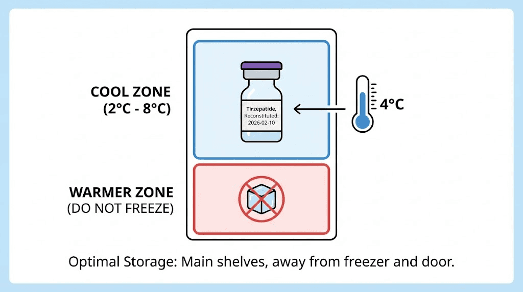 How to store reconstituted tirzepatide in refrigerator with proper placement