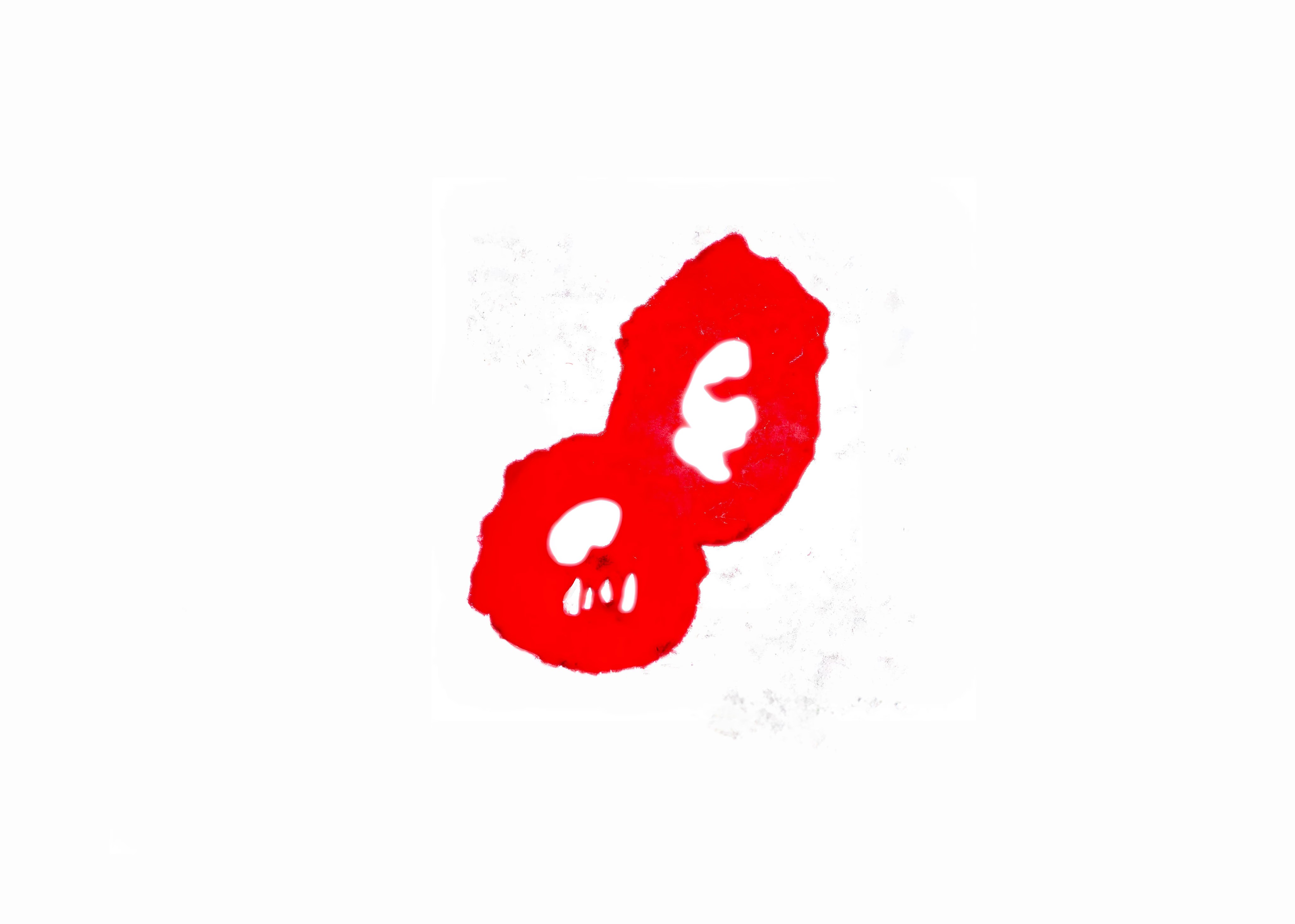 Bold red abstract form resembling two connected organic shapes, evoking cellular life or primitive masks. Set against a stark white background with minimal texture, the work feels raw, primal, and symbolic—suggesting identity, duality, or ancestral memory.