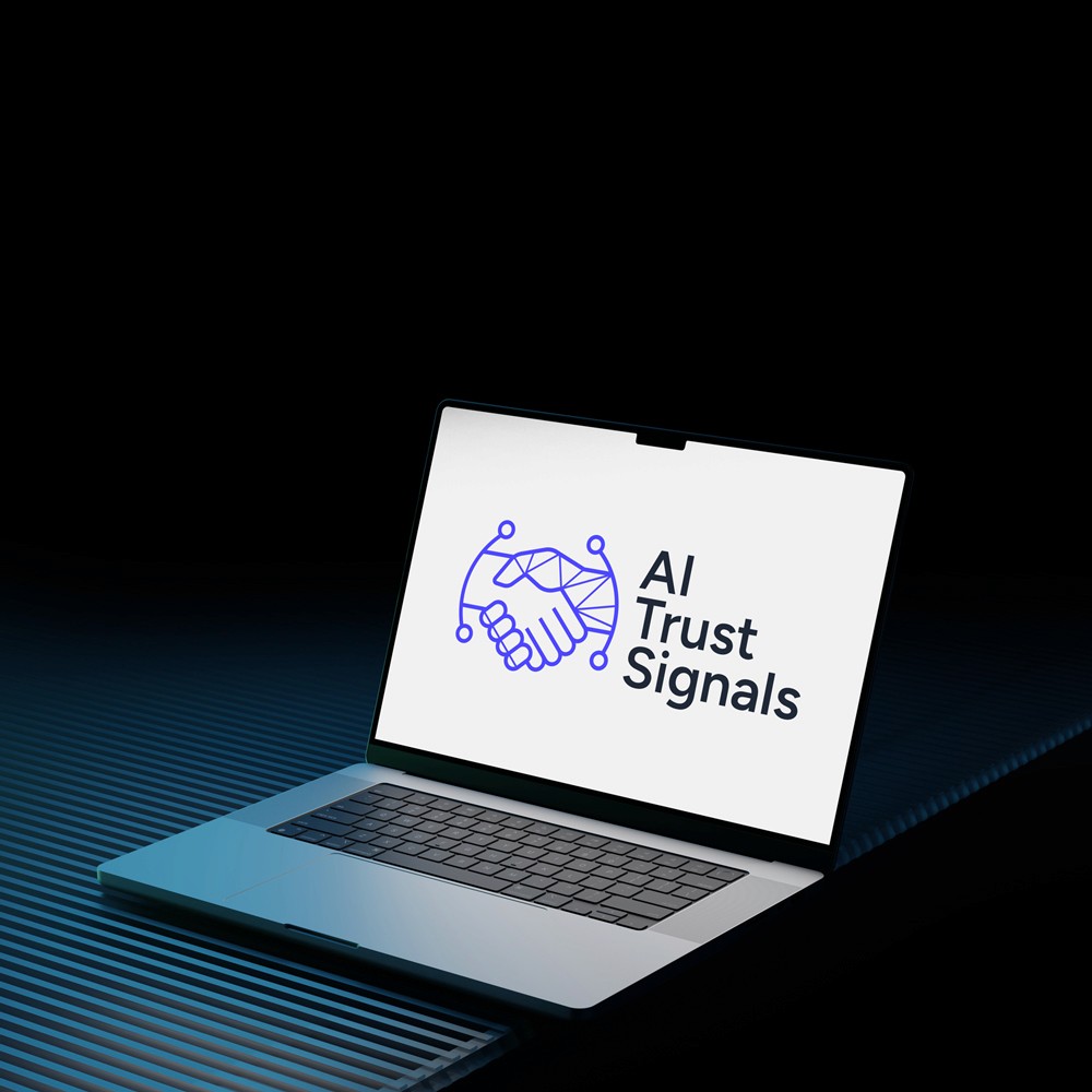 AI Trust Signals logo on a laptop screen, depicting a handshake formed by digital lines.