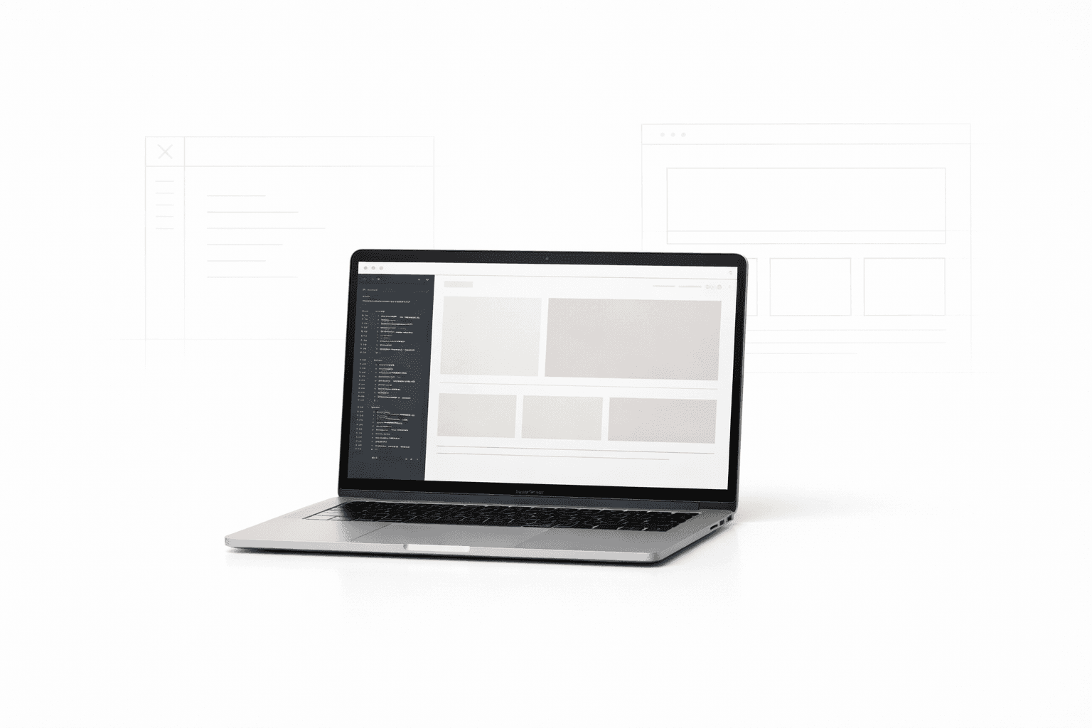 laptop with wireframe and code