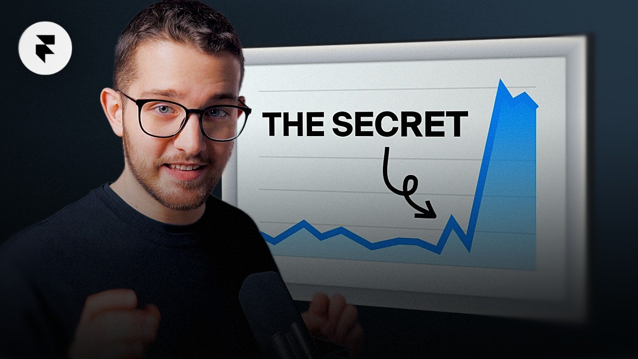 Smiling man in glasses pointing to a presentation board displaying a rising graph labeled 'THE SECRET', symbolizing growth, with Framer logo in the background