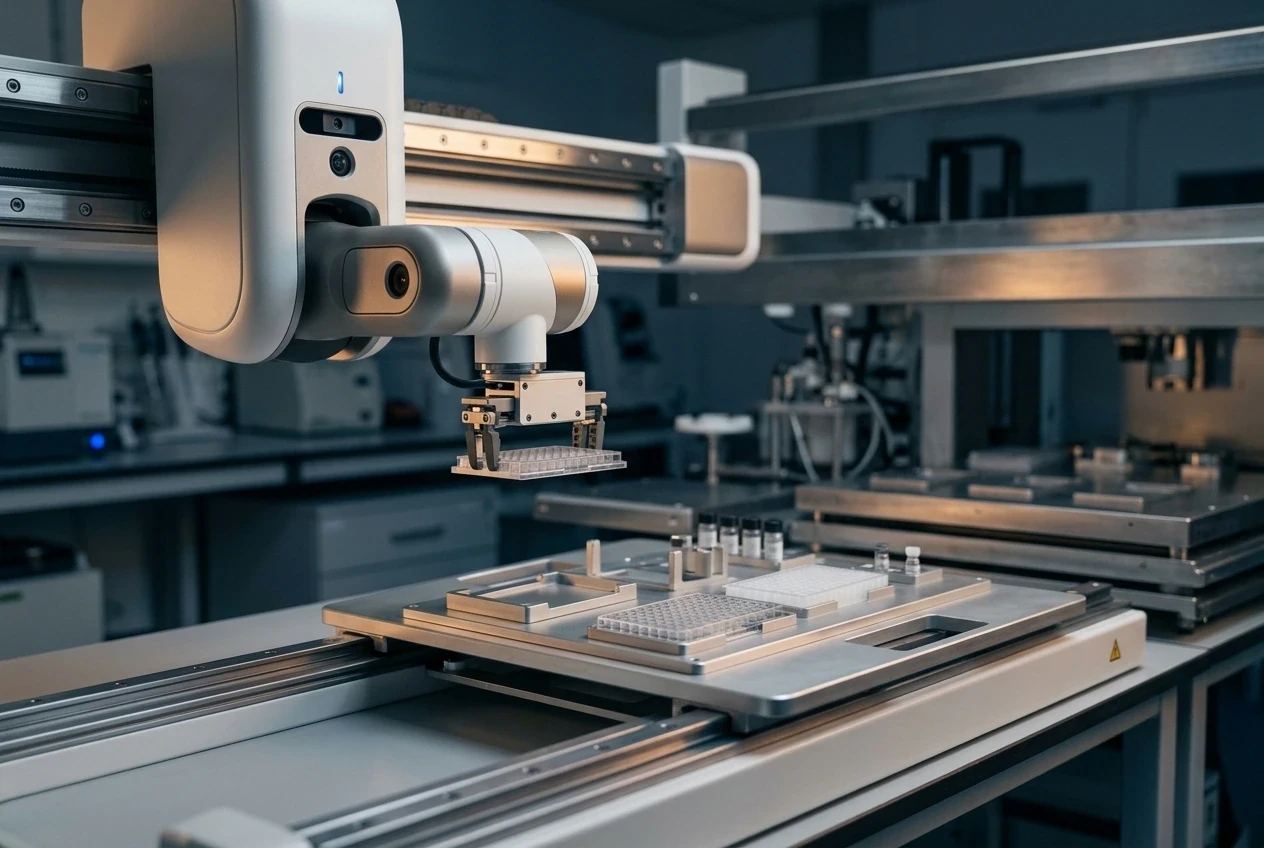 Robotic arm operating in a blue-toned high-tech lab setting