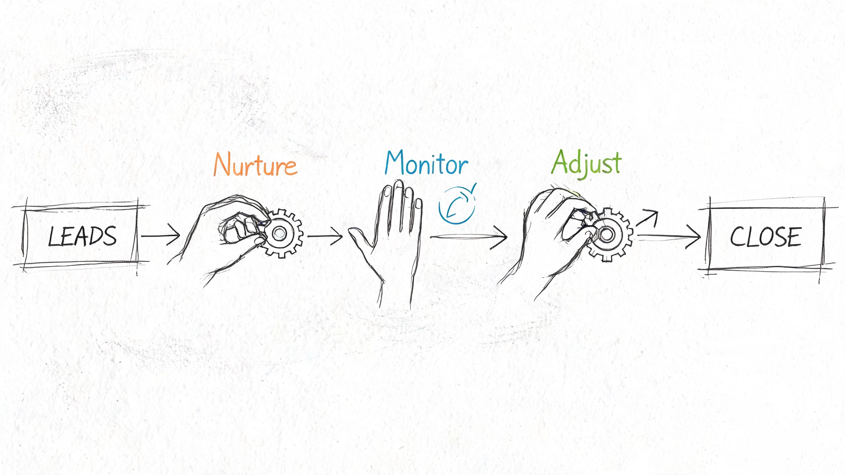 A hand-drawn illustration depicting the sales pipeline process stages: Nurture, Monitor, and Adjust leading to a Close.