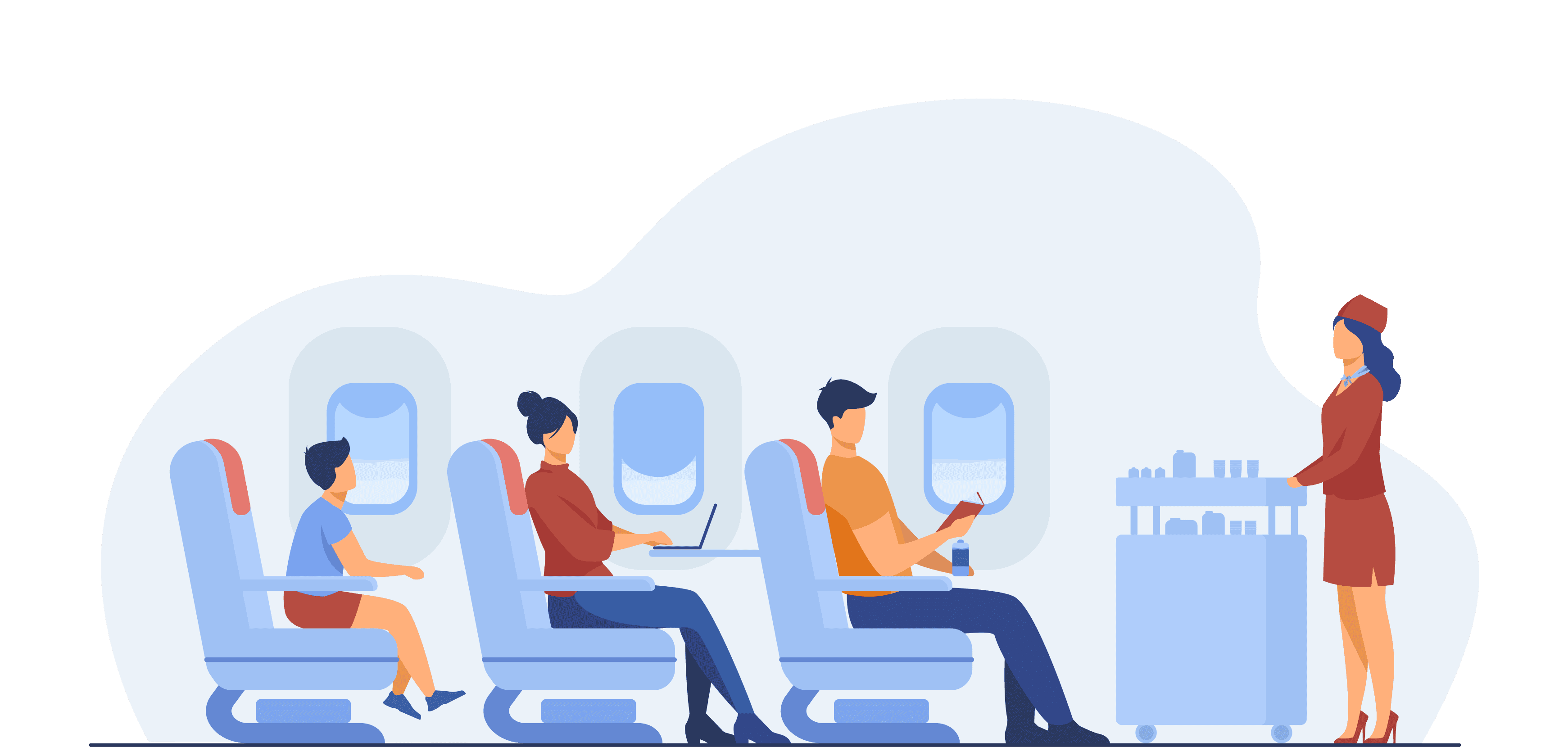 Passengers sitting inside the airplane and air hostness standing with a cart