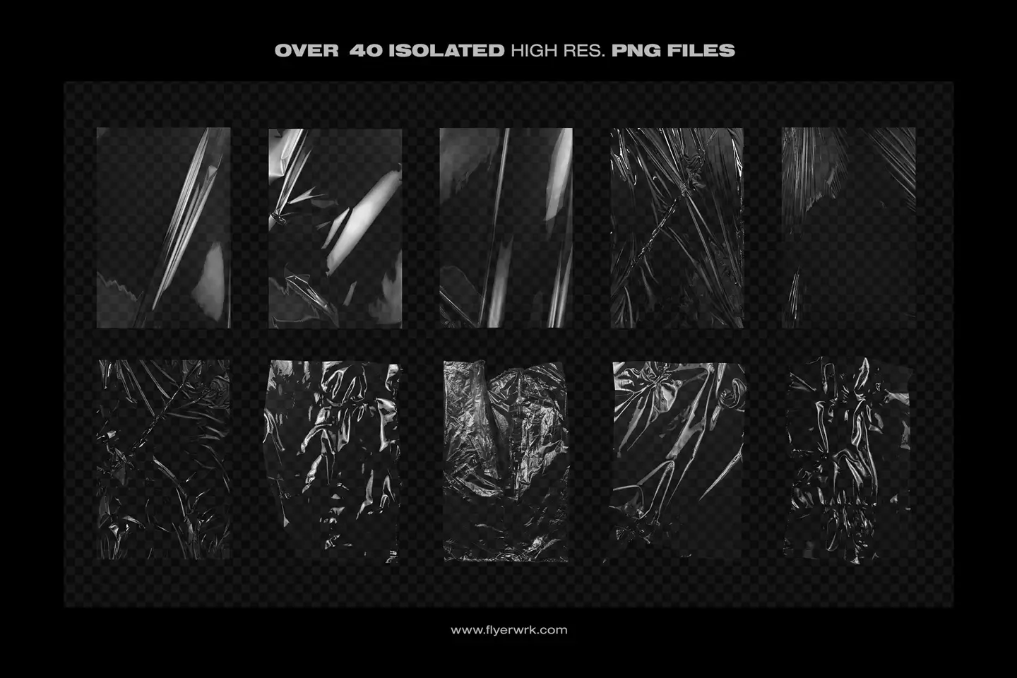 Stretched and wrinkled plastic wrap textures set with transparent backgrounds for authentic packaging design effects