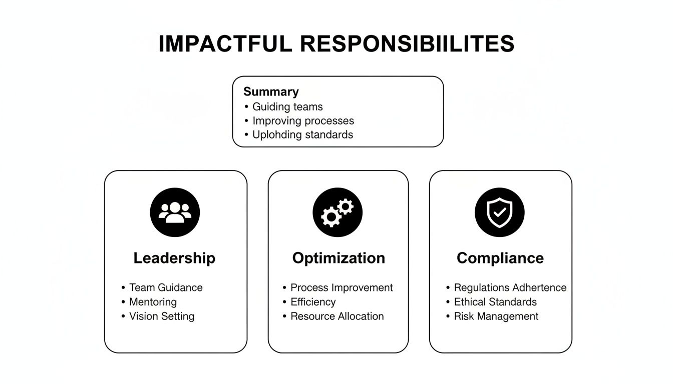 An infographic detailing impactful responsibilities including leadership, optimization, and compliance roles.