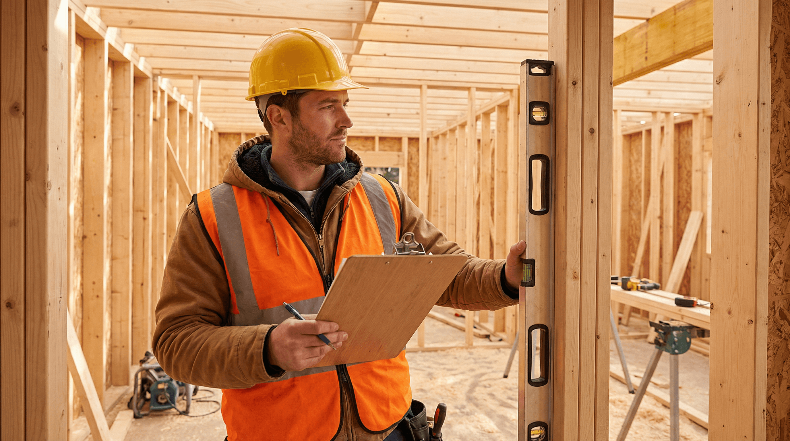 BALLENCIACE owner on-site inspecting structural integrity in a partially framed custom home addition — hands-on project management at every stage.