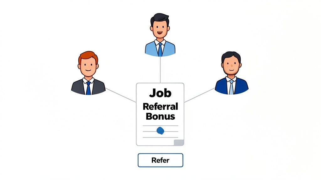 Three business professionals linked to a 'Job Referral Bonus' document with a 'Refer' button, illustrating a referral program.