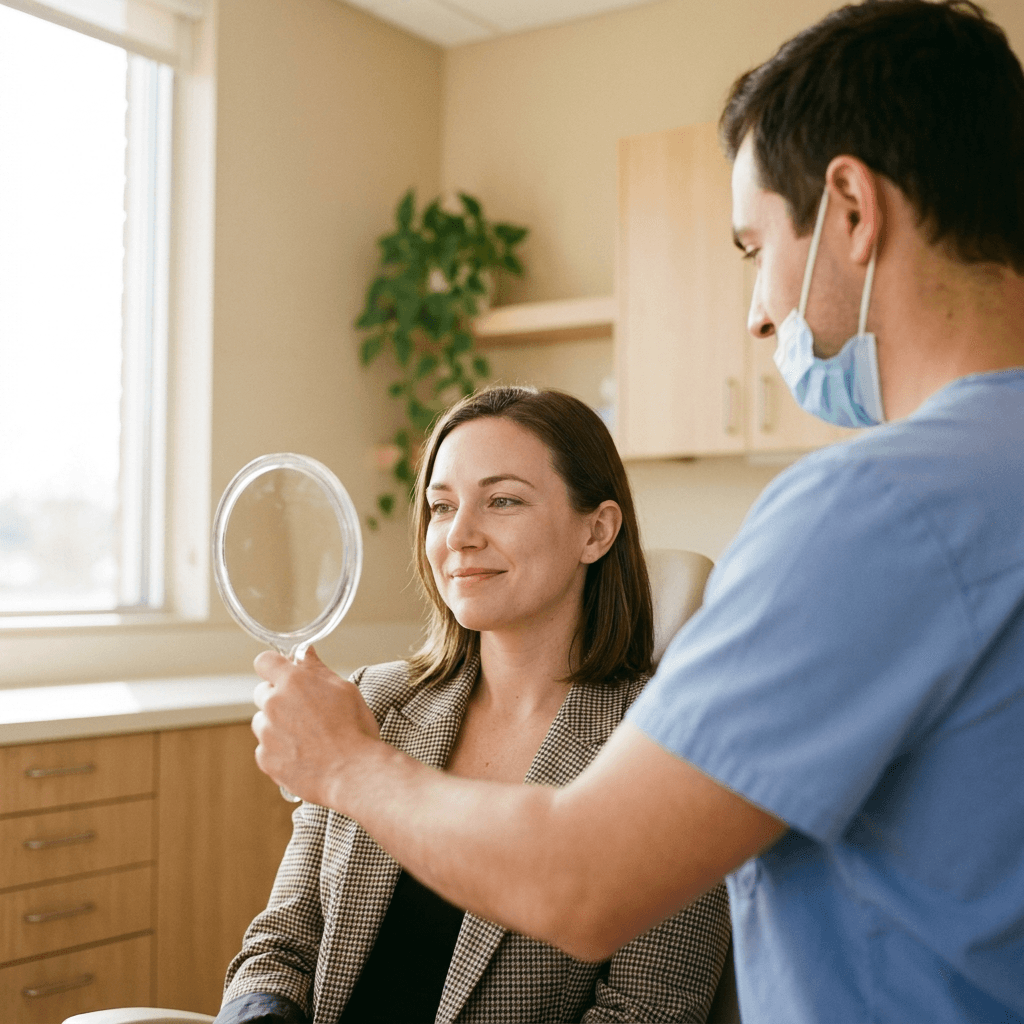 Satisfied patient displaying beautiful smile after successful dental implant treatment achieved through affordable financing options at Veda Family Dentistry in West New York.