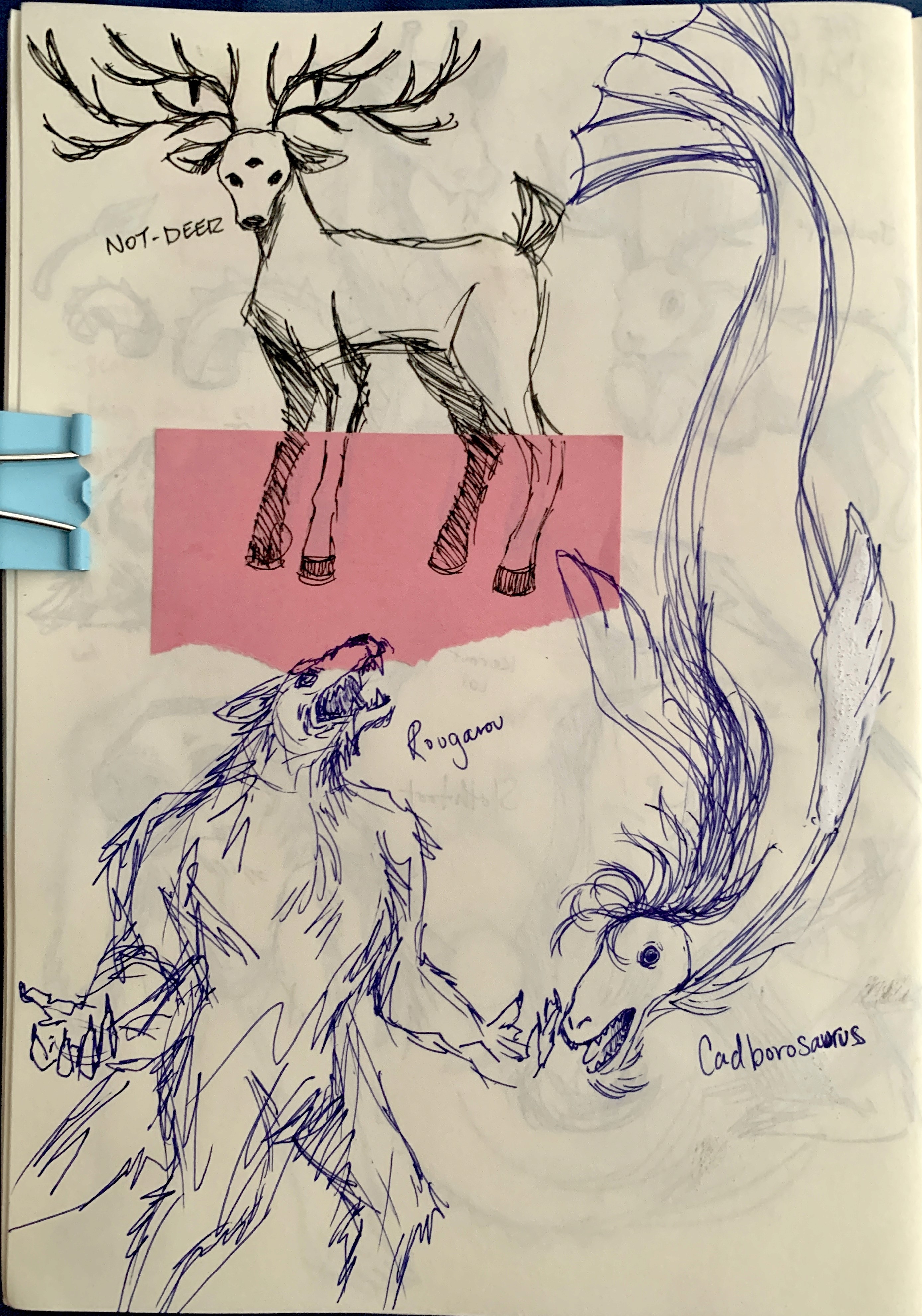 Sketches of the not-deer, rougarou, and cadborosaurus