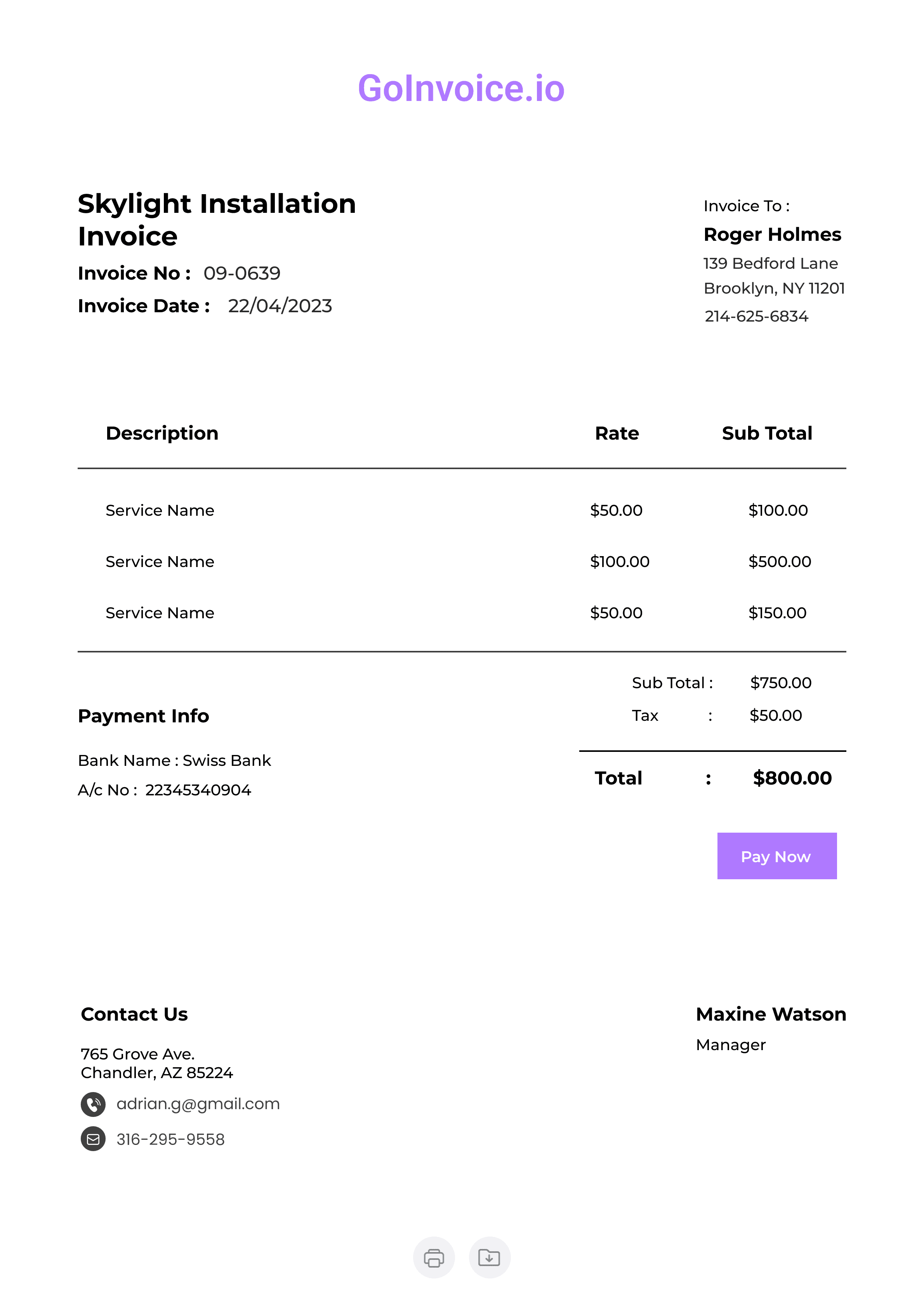 Skylight Installation Invoice