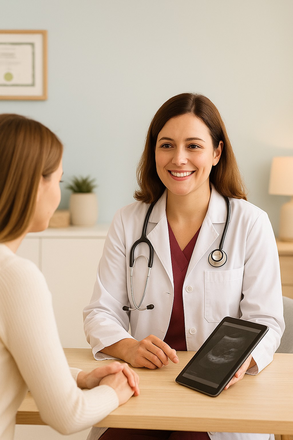 Friendly gynaecologist showing early pregnancy ultrasound image to a patient