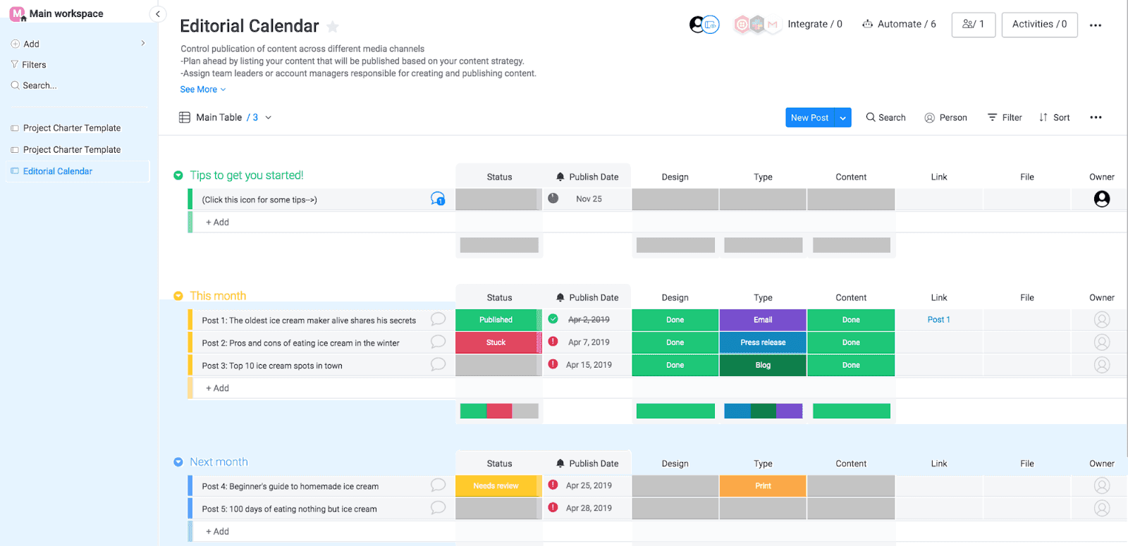 Monday working space overview&nbsp;