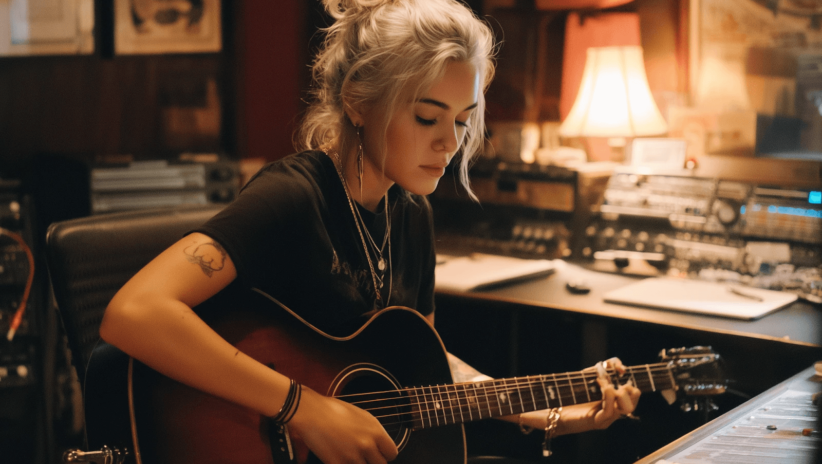 Female songwriter creating a song from written lyrics