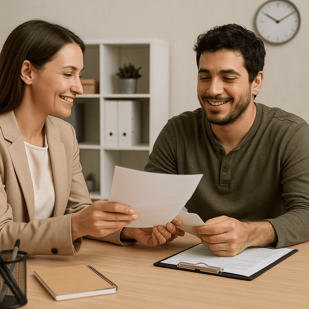 A friendly female therapist or counselor smiling and explaining documents to a happy male client during a consultation in a bright office setting.