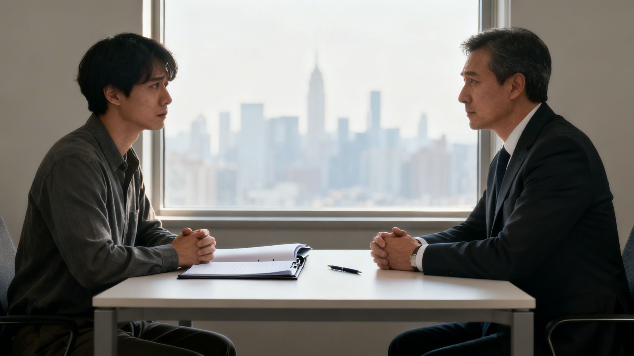 Två män har ett allvarligt samtal vid ett kontorsbord med utsikt över stadssilhuetten.