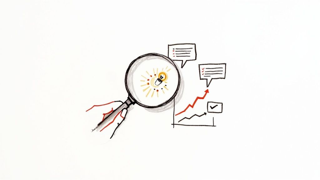 A hand holds a magnifying glass over a glowing lightbulb, symbolizing idea analysis and progress.