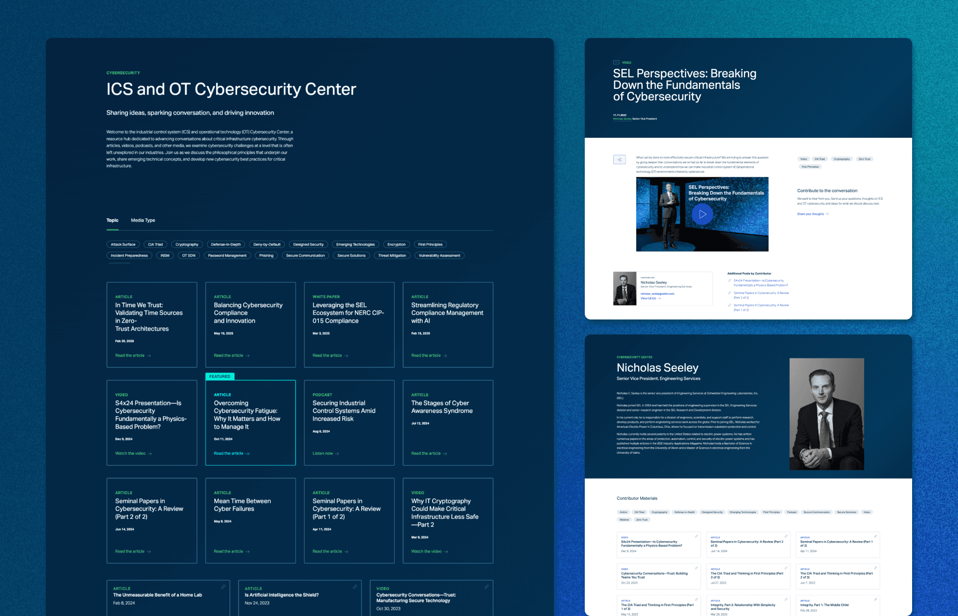 A graphic showing previews of three webpage UIs. They depict the cybersecurity center home, an article page, and an author page.